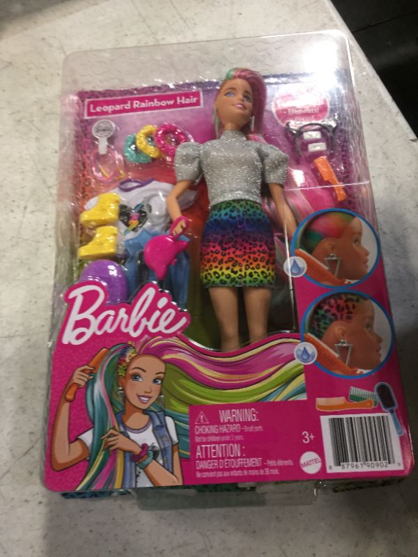 Photo 2 of Barbie Leopard Rainbow Hair Doll (Blonde) with Color-Change Hair Feature, 16 Hair & Fashion Play Accessories Including Scrunchies, Brush, Fashion Tops, Cat Ears, Cat Purse & More