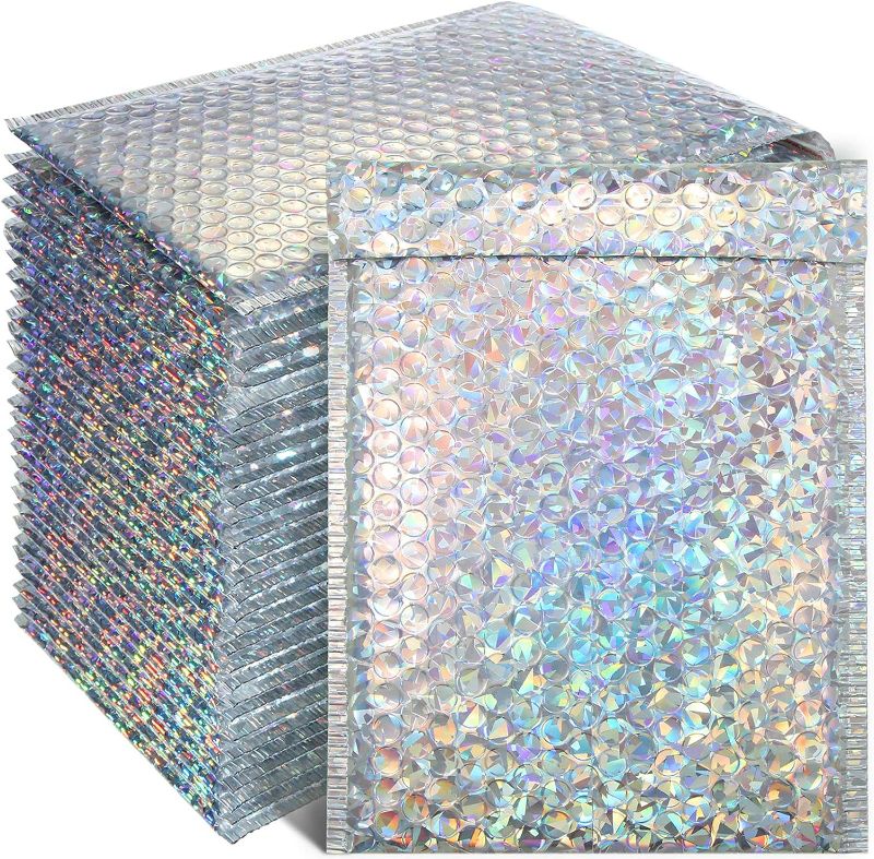 Photo 1 of 30 Pieces Holographic Bubble Mailers Padded Mailer Holographic Bubble Mailers Padded Envelopes Self Sealing Cushion Envelopes for Mailing, Shipping and Packing
