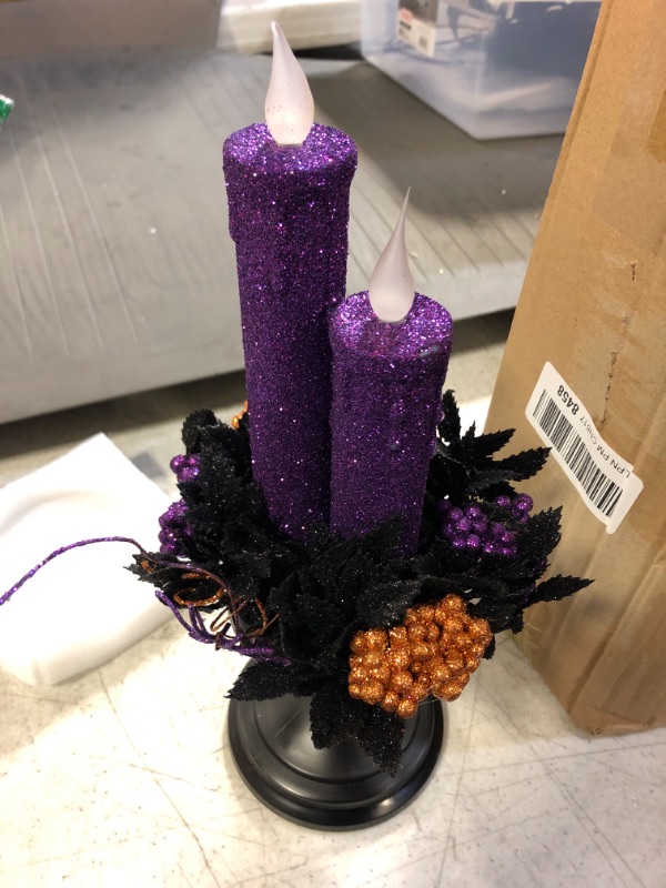 Photo 1 of KI Store Halloween Purple Candelabra with LED Flameless Candles Holder Glittered with Flickering Lights Battery Operated for Halloween Centerpiece Mental Window