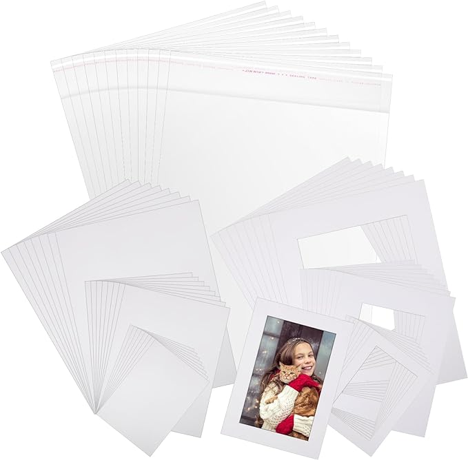 Photo 1 of Yeaqee 60 Sets White Picture Mat Kit, 5 x 7, 8 x 10, 11 x 14 Inch Picture Mats with Core Bevel Cut Mattes, Transparent Bags for Photo Picture Artwork