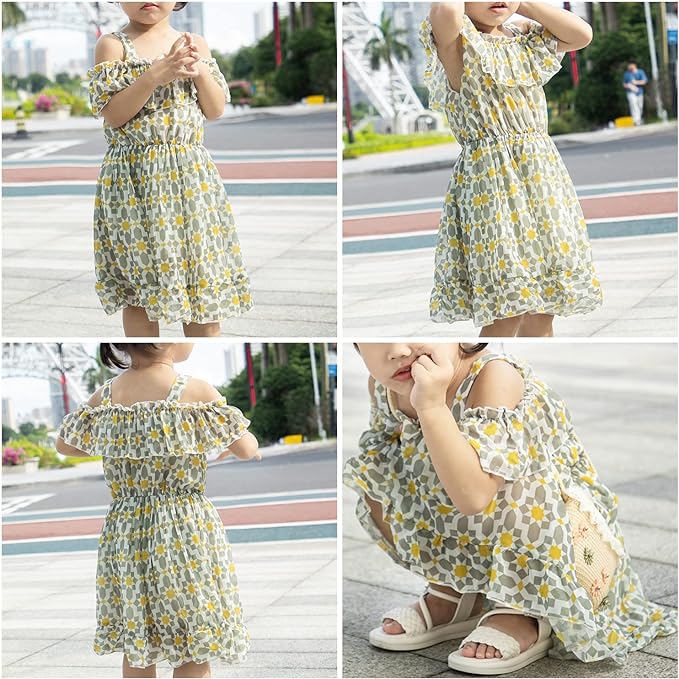 Photo 1 of AGQT Toddler Girls Floral Print Dress Chiffon Off Shouler Casual Dress Ruffle Hem Tunic Dress Size 3-4T
