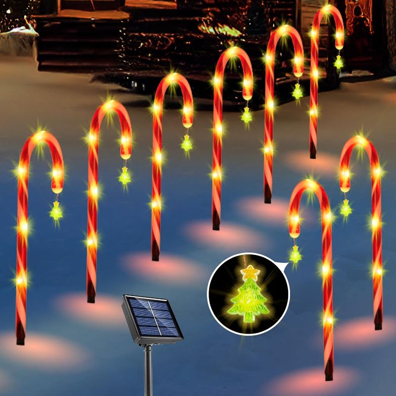 Photo 1 of 8Pack Christmas Decorations Outdoor Solar Candy Cane Lights Pathway Markers Lights with Christmas Tree for Walkway Driveway Lawn Yard Garden Home Indoor Decor 2-in-1 Rechargeable Solar Power
