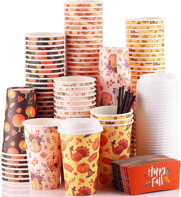 Photo 1 of 100 Pack Fall Paper Cups Coffee with Lids Cup Sleeves Party Disposable 16 oz Thanksgiving Pumpkin Leaves Dinner Event Decorations Supplies Decoration Autumn Maple Leaf Spice Little Small
