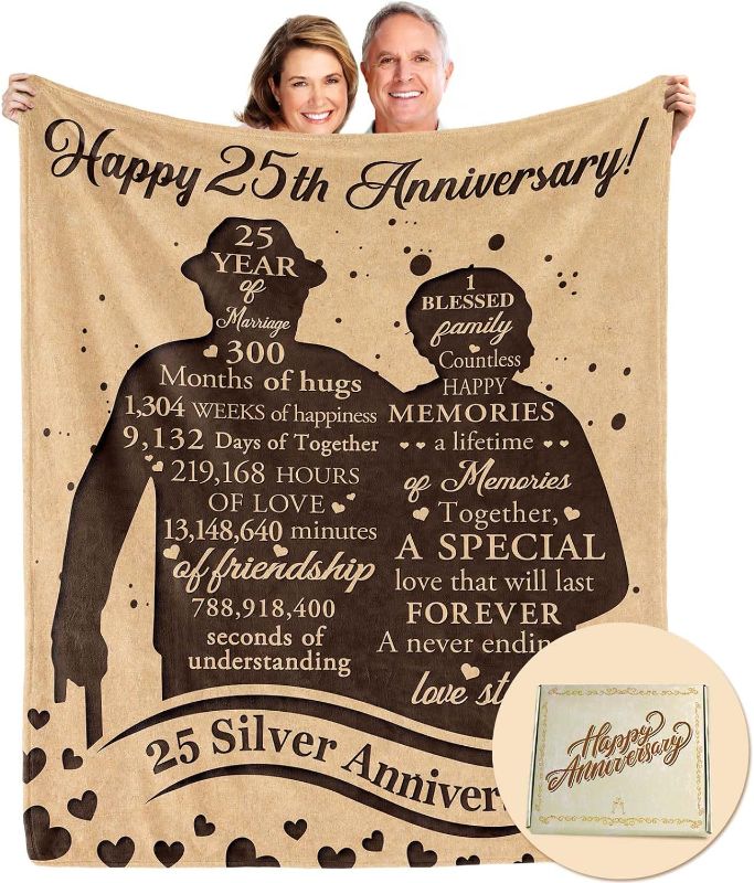 Photo 1 of 25th Anniversary Blanket Gifts with Gifts Box, Gift for 25th Wedding Anniversary, 25 Years of Marriage Gifts for Wife Husband Dad Mom, Silver Wedding Throw Blanket 60"x50" (Brown, 60"x50")
