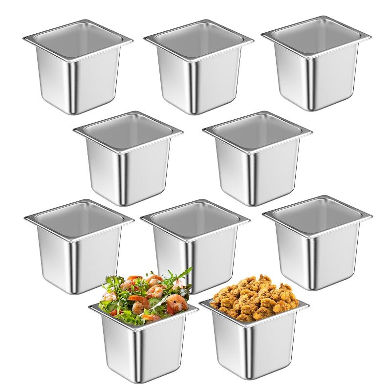 Photo 1 of 10 Pack 1/6 Size 6 Inch Deep Stainless Steel Hotel Pan, Anti-Jam Stackable Steam Table Pan, NSF-Listed, Commercial Catering Storage Food Pans for Hotel, Restaurant, Buffet, Party
