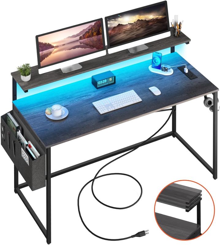 Photo 1 of Yoobure Computer Desk with Power Outlets Fast Charging Type-C Included, Gaming Desk with LED Lights, 47" Office Desk with Adjustable Monitor Stand, Small Desk Home Office Desks with Storage Bag & Hook
