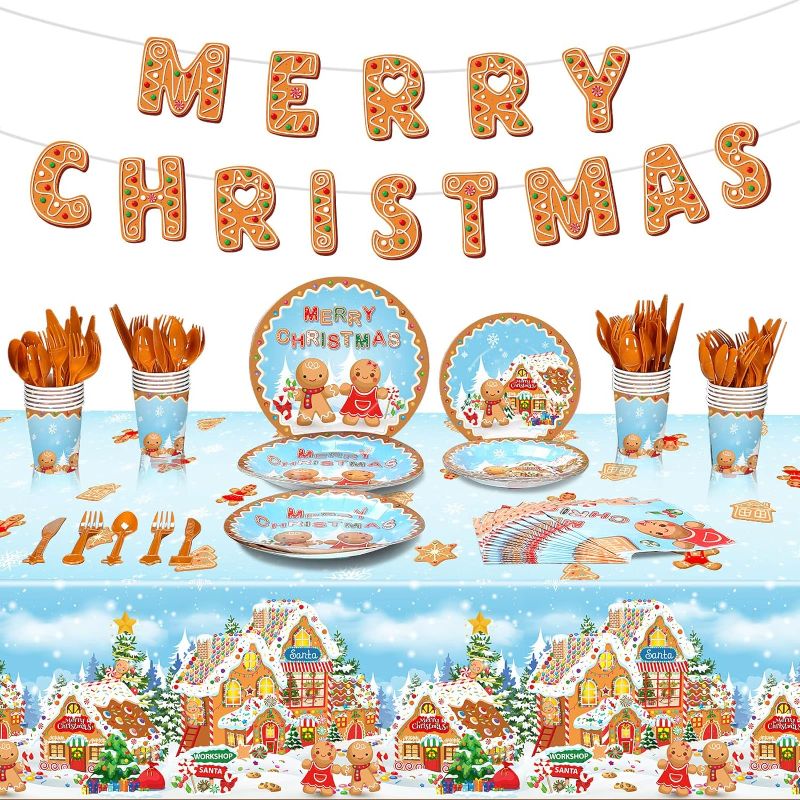 Photo 1 of 172 Pcs Gingerbread Christmas Party Supplies Serve 24 Guests Including Merry Christmas Banner Gingerbread Plates Cups Napkins Forks Spoons Knives for Holiday Gingerbread Man Party Decorations
