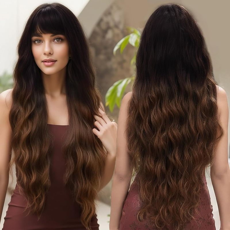 Photo 1 of Fewosles Ombre Brown Wig for Women Long Curly Wavy Wig with Bangs 30inch Long Brown Wigs Synthetic Wave Natural Looking Heat Resistant Fiber for Daily Party Gifts Use
