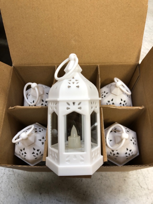 Photo 1 of 6 Pcs Vintage Candle Lantern Hanging Decorative Wedding Metal Tealight Holder Moroccan Style Vintage Candle Decor with Transparent Glass Lantern for Halloween Xmas Party Decor (White)
