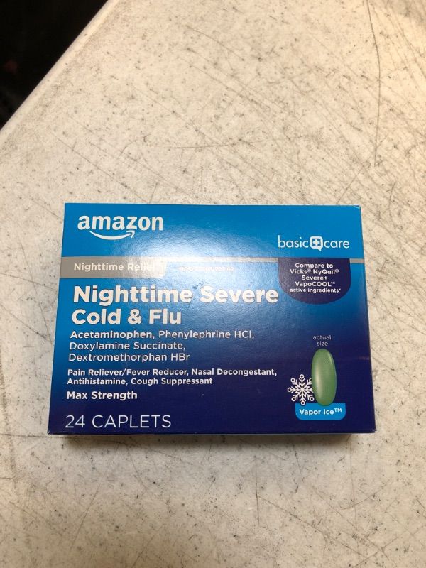 Photo 1 of expires-3/2024
Amazon Basic Care Nighttime Severe Cold and Flu Coated Caplets, Temporarily Relieves Symptoms Like Runny Nose and Sneezing, Vapor Ice, 24 Count