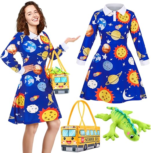 Photo 1 of 3 Pcs Women Halloween Costume Set Vintage Long Sleeve Dress with School Bus Bag for Role Party
\size- xl 
