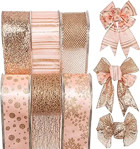 Photo 1 of 6 Rolls Christmas Ribbon Wired Christmas Tree Ribbon Glitter Christmas Mesh Satin Ribbons for Tree, Crafts,Gift Wrapping, Wreaths, Garland, Home Decor -2.5 Inch Total 36Yard (Rose Gold)
