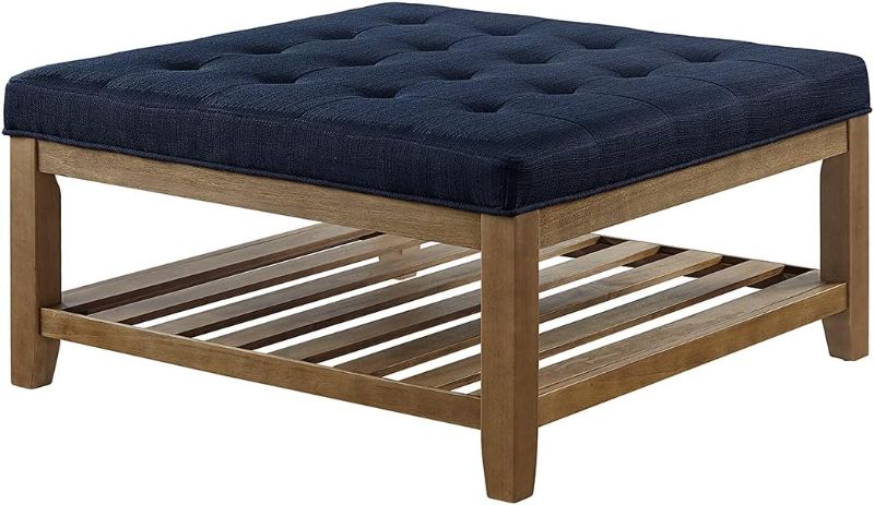 Photo 1 of 24KF Large Square Upholstered Tufted Linen Ottoman, Large Footrest Ottoman with Solid Wood Shelf- Navy Blue
