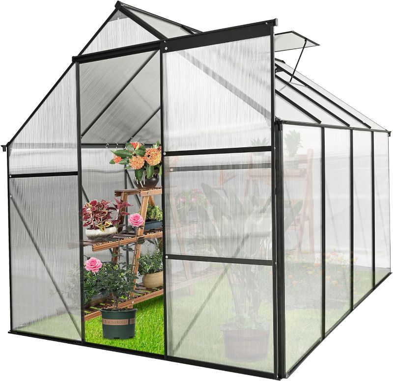 EastVita 6x8 FT Outdoor Polycarbonate Greenhouse with Sliding Door Adjustable Roof Raised Base Aluminum Walk-in Greenhouses for Patio Backyard Black