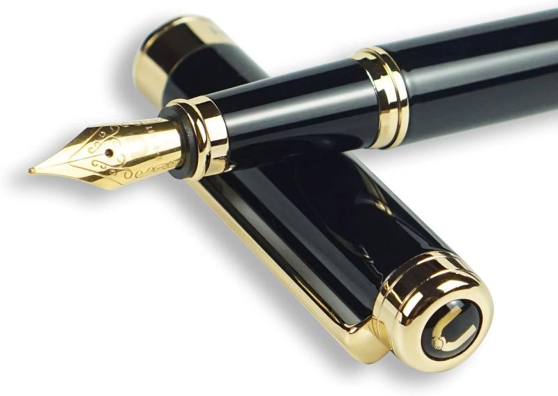 Photo 1 of U-RIGHT Luxury Glossy Black Fountain Pen with Converter, 18K Gilded Iridium Fine Nib Classic Pen for Gift, Smooth Flow Consistent Writing, Metal Box Packed
