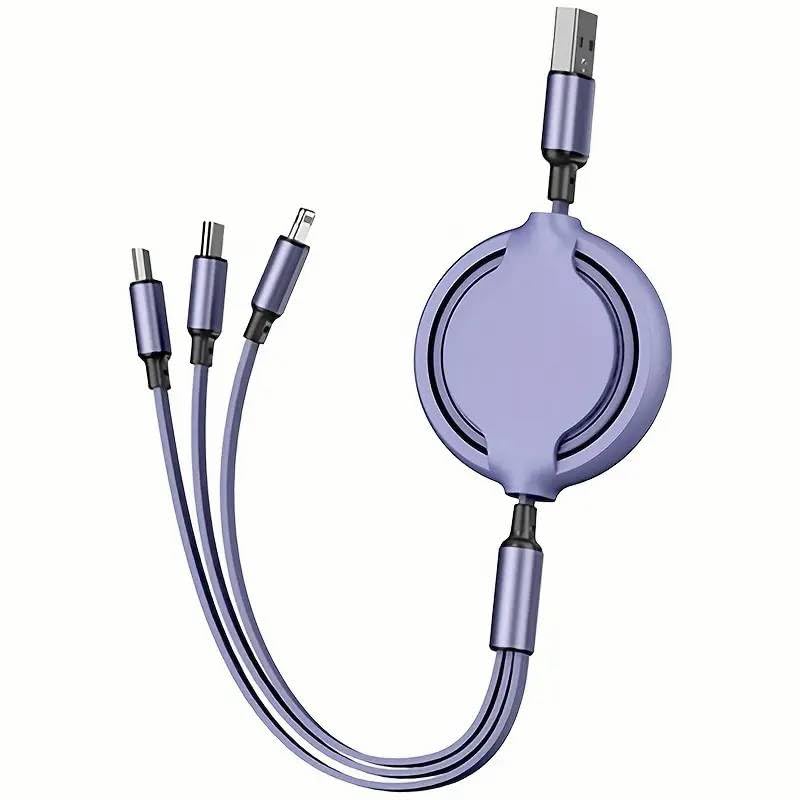 Photo 1 of GLOGO 3 in 1 Retractable Charging Cable [3A,3FT] Multi USB Cable Fast Charger Cord for iPhone, Samsung, iPad, Tablets, Switch and More (Purple)
