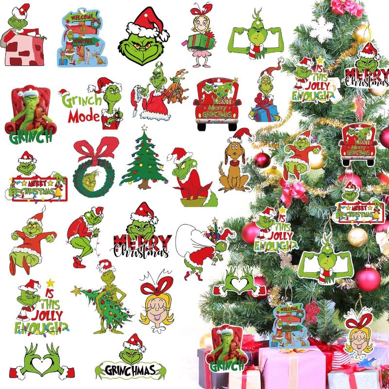 Photo 1 of 24Pcs Christmas Tree Ornaments Winter Christmas Tree Decorations Double Sided Christmas Paper Hanging Ornaments Holiday Design Cute Christmas Tree Decor for DIY Christmas Party Indoors Home Supplies
