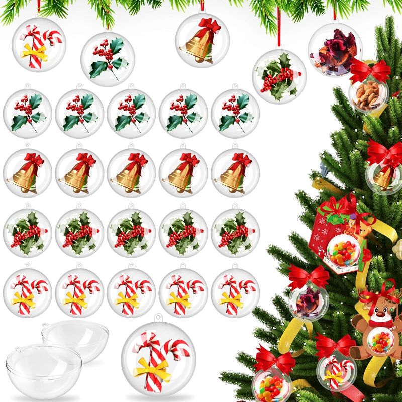 Photo 1 of 24 Pcs Christmas Fillable Ornament Ball 8cm Clear Plastic Bauble Ornaments DIY Fillable Acrylic Crafts Ball for Christmas Holiday Birthday Party Favor Xmas Tree Ornaments Hanging Decor
