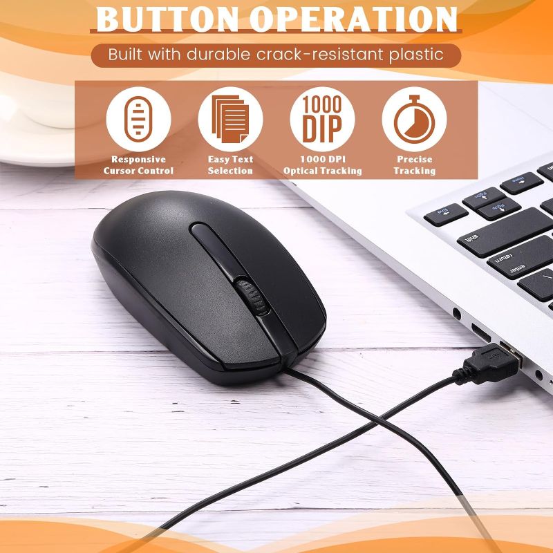 Photo 1 of Black USB Wired Mouse 3 Button Corded Computer Mouse Cable Mouse Gaming Mouse Office Home Optical Mouse Plug in Mouse Compatible with MacBook PC Laptop