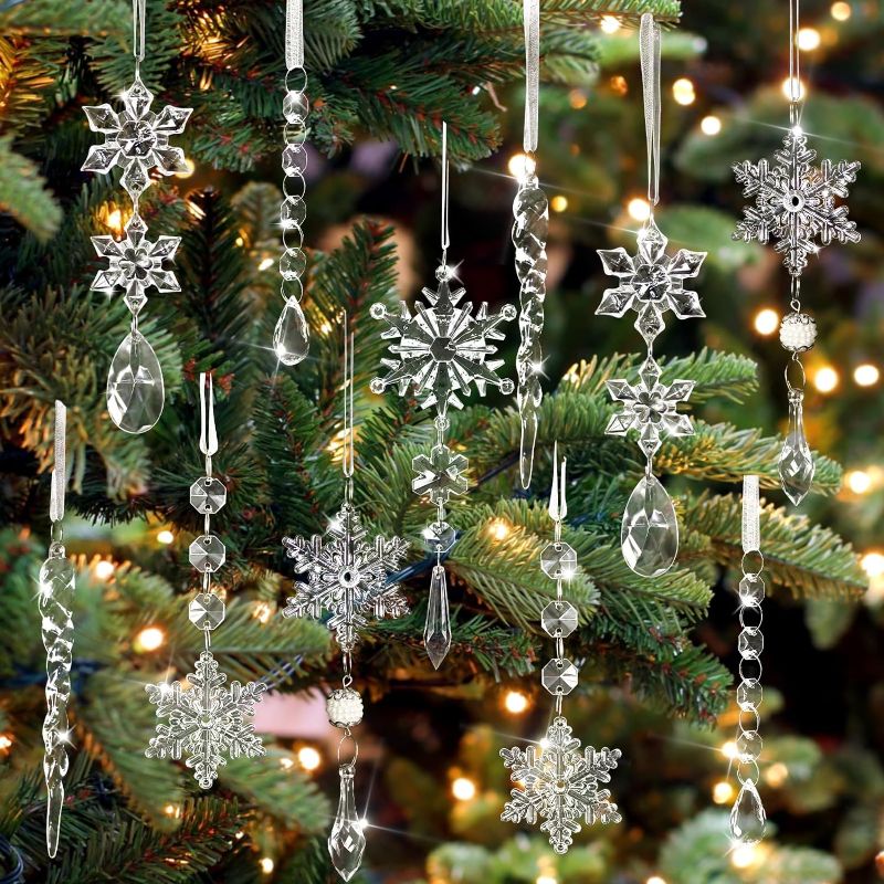 Photo 1 of 12 Pcs Crystal Snowflake Ornaments and Icicle Ornaments for Christmas Tree, Hanging Acrylic Snowflake and Icicle Ornaments for Christmas Winter New Year Party and Home Decorations