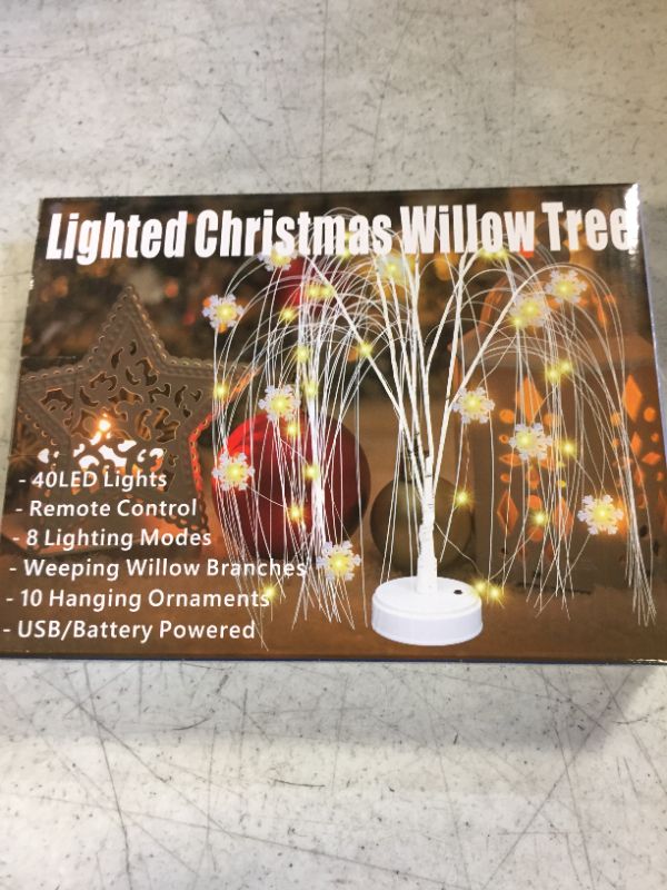 Photo 2 of 22" Lighted Willow Christmas Tree Table Decoration, 40 LED Tabletop Light Up Xmas Tree with Remote, Mini Weeping Willow Bonsai Lit Tree with Snowflakes for Christmas Decor, Warm White