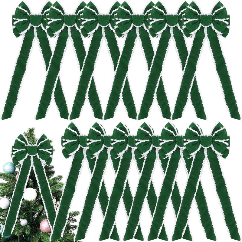 Photo 1 of Yinkin 12 Pack 10"x 26" Christmas Tree Topper Bows Green Christmas Wreath Bow Bulk Velvet Ribbon Gift Bow Xmas Tree Topper Decoration for Front Door Wall Outdoor Indoor Party Favors
