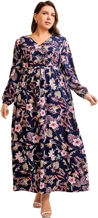 Photo 1 of WDIRARA Women's Plus Size Floral Print V Neck Belted Bishop Long Sleeve Dress- SIZE XL 
