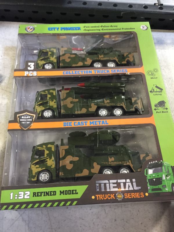 Photo 2 of Toylink 3 Pack Diecast Military Vehicles Army Truck Toys for Boys, Missile Military Truck Radar Truck Anti-Air Vehicle Pull Back Metal Model Car Military Toys for Toddler Kids Gifts