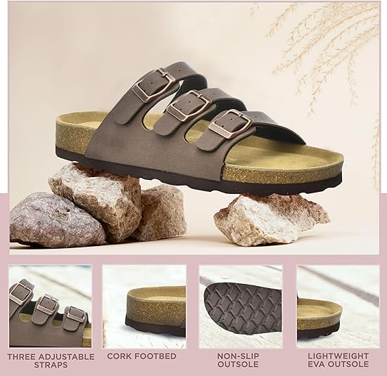 Photo 1 of CLOUDAIR Ruth Sandals, Women’s Slides with Arch Support, Suede Vegan Leather, Adjustable 3 Buckle Straps and Cork Footbed- SIZE 10
