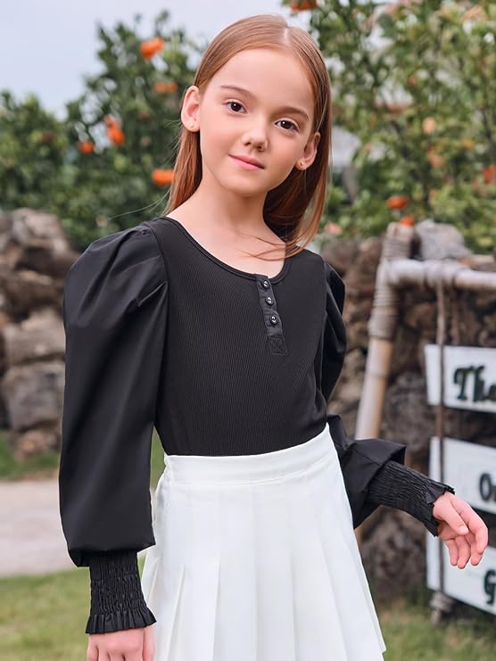 Photo 1 of Girls Puff Long Sleeve Shirts Kids Fashion Round Neck Ribbed Knit Tops - SIZE 8-10
