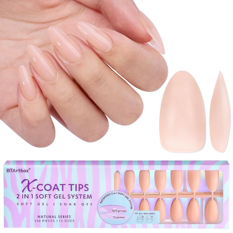 Photo 1 of BTArtbox Almond Gel Nail Tips - Soft Gel Nail Tips Almond Natural XCOATTIPS Pre-applied Tip Primer, Pre-colored Fake Press On Nails Soak Off Nail Extensions
