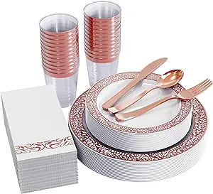 Photo 1 of 175 Piece Rose Gold Dinnerware Set 25 Guest-50 Rose Gold Lace Plastic Plates-25 Rose Gold Plastic Silverware-25 Rose Gold Plastic Cups-25 Rose Gold Paper Napkins, FOCUSLINE Disposable Dinnerware Set
