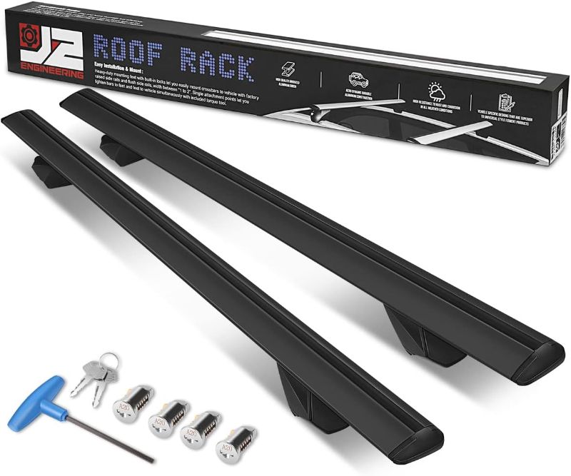 Photo 1 of J2 Engineering J2-RR-120-BK Pair of 49" Aluminum Roof Rack Cross Bars Cargo Luggage Carrier for Raised Rails with Angled Edges, Universal, 32" - 48.5" Adjustable, Black