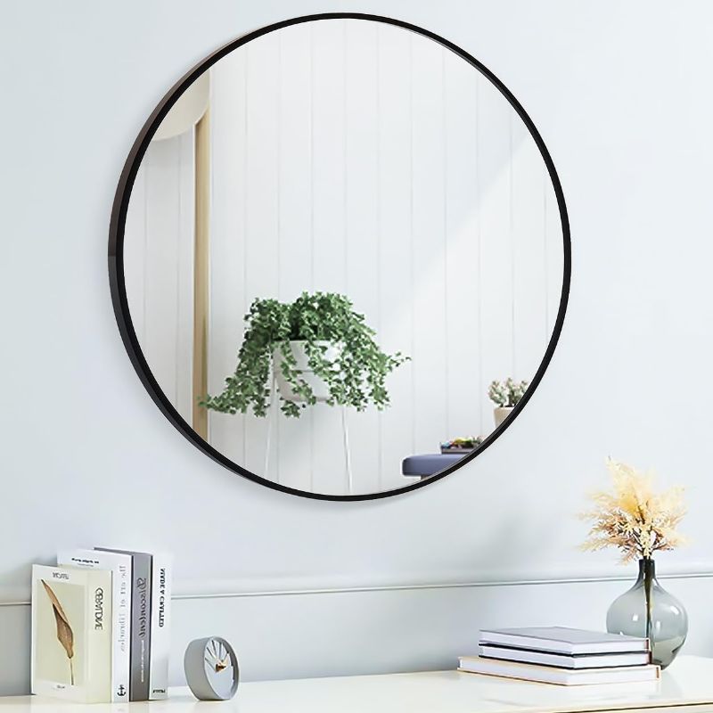 Photo 1 of 20" Round Mirror Circle Wall Mounted Hanging or Against Wall Metal Frame Dressing Make-up Mirrors for Entryway Bedroom Bathroom Living Room 20 inch Black