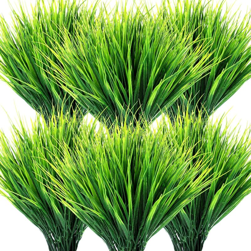 Photo 1 of 12 Bundles Artificial Grasses Outdoor UV Resistant Fake Grass No Fade Faux Plastic Plants Garden Window Box Decorating(Green Grass)