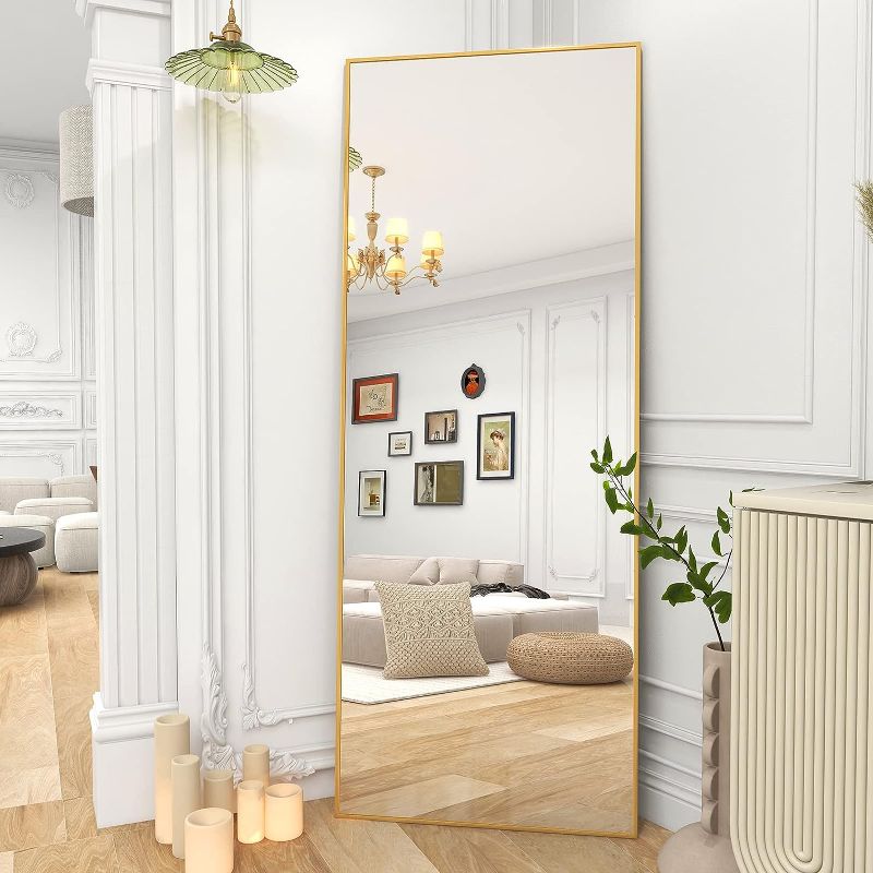 Photo 1 of BEAUTYPEAK Mirror Full Length 64"x21", Nano Glass Floor Body Mirror, Wall-Mounted Dressing Mirror with Metal Frame, Standing Hanging or Leaning Against Wall, Gold Gold 21x64