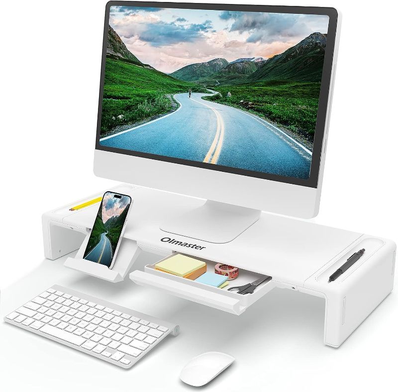 Photo 1 of Monitor Stand Riser, Foldable Computer Monitor Riser, Adjustable Length Computer Stand and Storage Drawer & Pen Slot, Phone Stand Compatible Computer, Desktop, Laptop, Save Space (White)