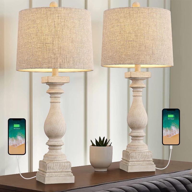 Photo 1 of BOBOMOMO 27.75" Table Lamp with USB C+A Charging Ports Set of 2 Antique Nightstand Lamp for Bedroom Living Room Farmhouse Office Retro Rustic Resin Bedside Desk Lamps Washed White