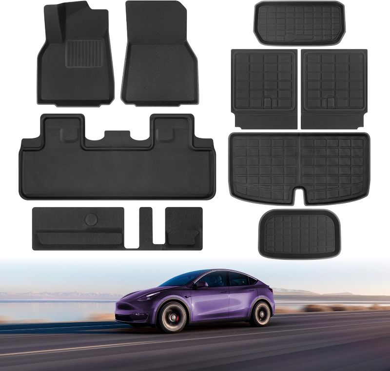 Photo 1 of TSLDRV 9Pcs Tesla Model Y Floor Mats 2024 2023-2020 All Weather Floor Mat with Carpet Inserts for Tesla Model Y Accessories 2023-2020 Heavy Duty Front Rear Trunk Cargo Mat for Tesla Y 5 Seater