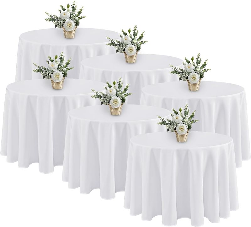 Photo 1 of Fitable 6 Pack White Round Tablecloths - 120 Inches in Diameter - Stain Resistant and Washable Table Clothes, Polyester Fabric Table Covers for Wedding, Party, Banquet, Formal Events https://a.co/d/fhwFKRy
