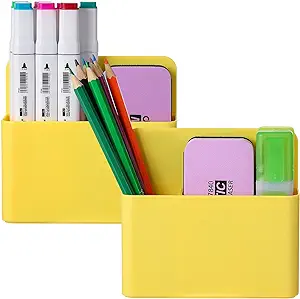 Photo 1 of Mabrasse 2p Magnetic Dry Erase Marker Holder,Pen and Eraser Holder for Whiteboard, Magnet Pencil Cup Utility Storage Organizer for Office, Refrigerator, Locker and Metal Cabinets (Yellow)