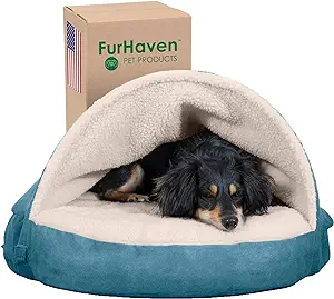 Photo 1 of FurHaven Faux Sheepskin Snuggery Orthopedic Cat & Dog Bed w/Removable Cover, Blue, 35-in