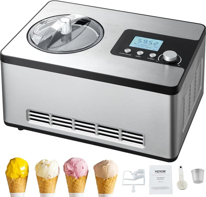 Photo 1 of VEVOR Automatic Ice Cream Maker with Built-in Compressor, 2 Quart No Pre-freezing Fruit Yogurt Machine, Stainless Steel Electric Sorbet Maker, 3 Modes Gelato Maker with LCD Display & Timer, Silver

