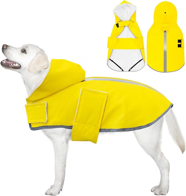 Photo 1 of Dog Raincoat Premium Double Layer Fleece Lining Adjustable Reflective Rain Jacket Leash Hole with Leggings Straps Waterproof Poncho with Hooded Buttons for Small Medium Large Dogs Yellow XS

