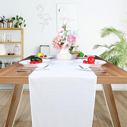 Photo 1 of 2 Pack Linen Style Table Runner, 14 x 72 Inches Long Table Runners, Boho Washable Farmhouse Table Runner, White Polyester Table Runner for Dining Home Table Birthday Holiday Decoration
