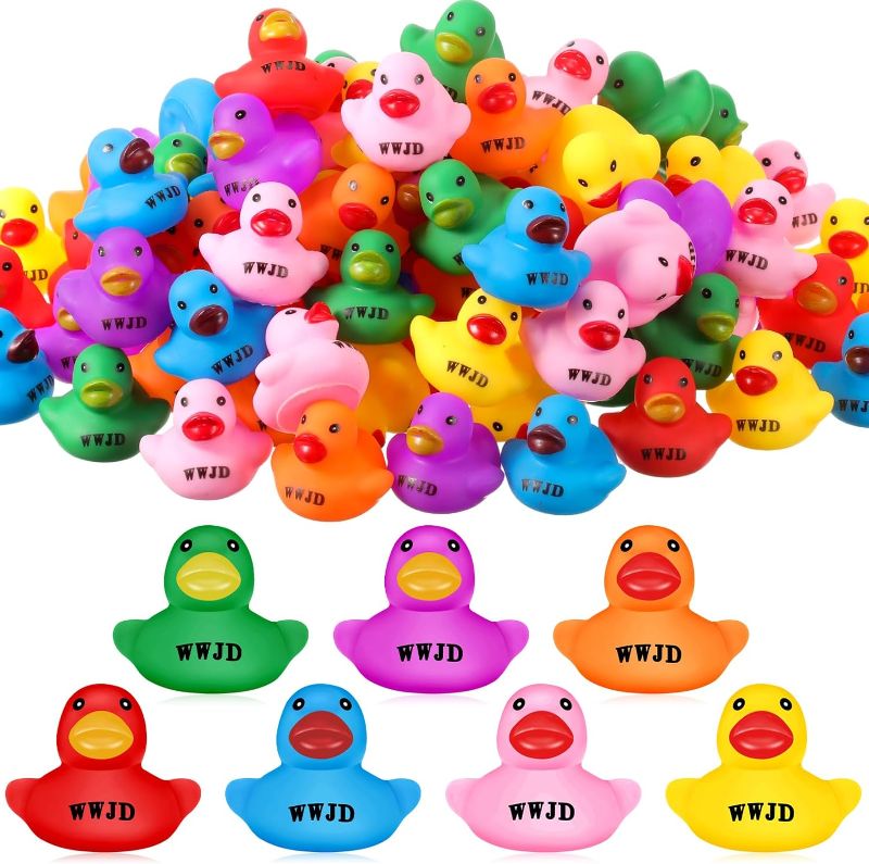 Photo 1 of 100 Pcs Jesus Rubber Ducks in Bulk 1.38 Inch Religious Rubber Duckies Bible Verse Mini Ducks Easter Mardi Gras Multicolor Bath Toy Jesus Gifts for Church Events Religious(WWJD)
