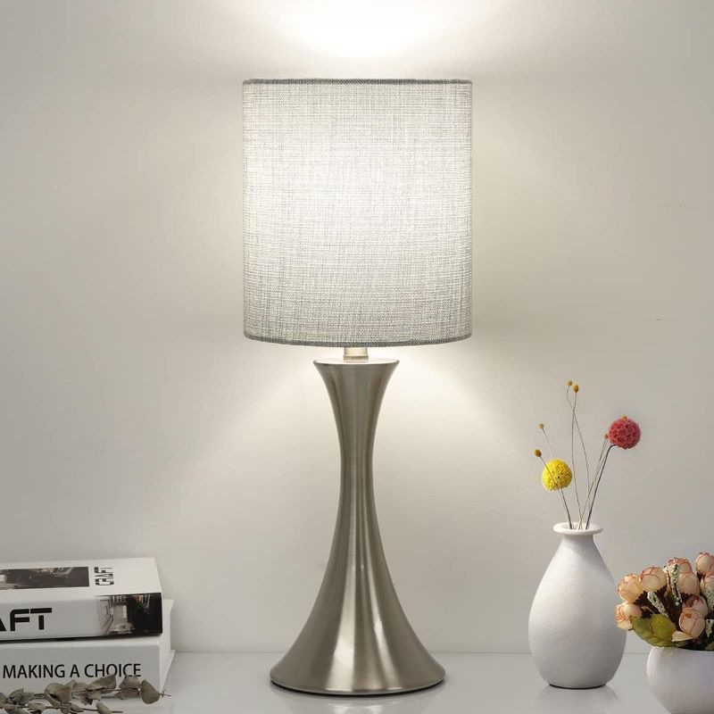 Photo 1 of 3 Way Touch Control Table Lamp, Dimmable Bedside Desk Lamp with Metal Base Modern Nightstand Lamp Stylish Grey Shade Simple Side Table Lamp for Bedroom, Living Room, Office or Den LED Bulb Included
