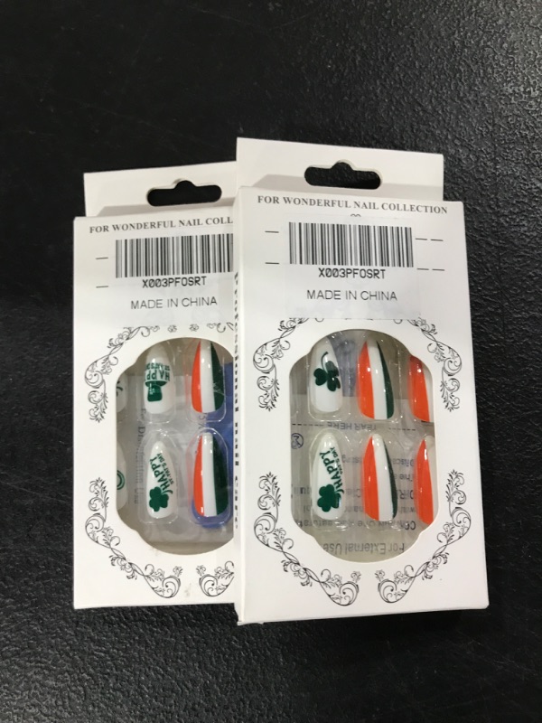 Photo 2 of 2 Pack  St. Patrick's Day Press on Nails, Almond Full Cover Glue on Nails, Acrylic Medium Fake Nails with Clovers and Hat Design, Artificial Reusable Press on False Nails Art DIY for Women&Girls style3