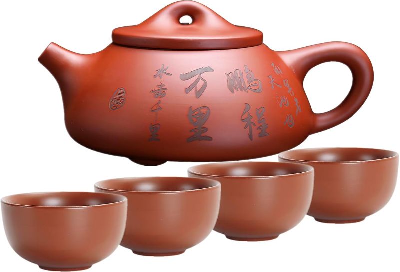 Photo 1 of Zisha Teapot Set, 6oz Chinese Yixing Purple Clay Tea Pot with 4 Clay Tea Cups, Hand-carved Chinese Characters Kung Fu Infuser Tea Kettle for Loose Leaf Portable Travel Tea Sets (Red clay)
