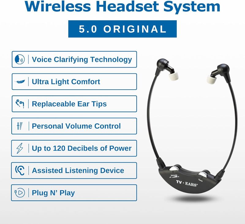 Photo 1 of TV Ears Wireless Headset System - Analog Wireless Headset for TV - Ideal for Seniors & those with Hearing Impairments - Plug N' Play RF Transmitter Headphones with TV Earbuds - Compatible with All TVs
